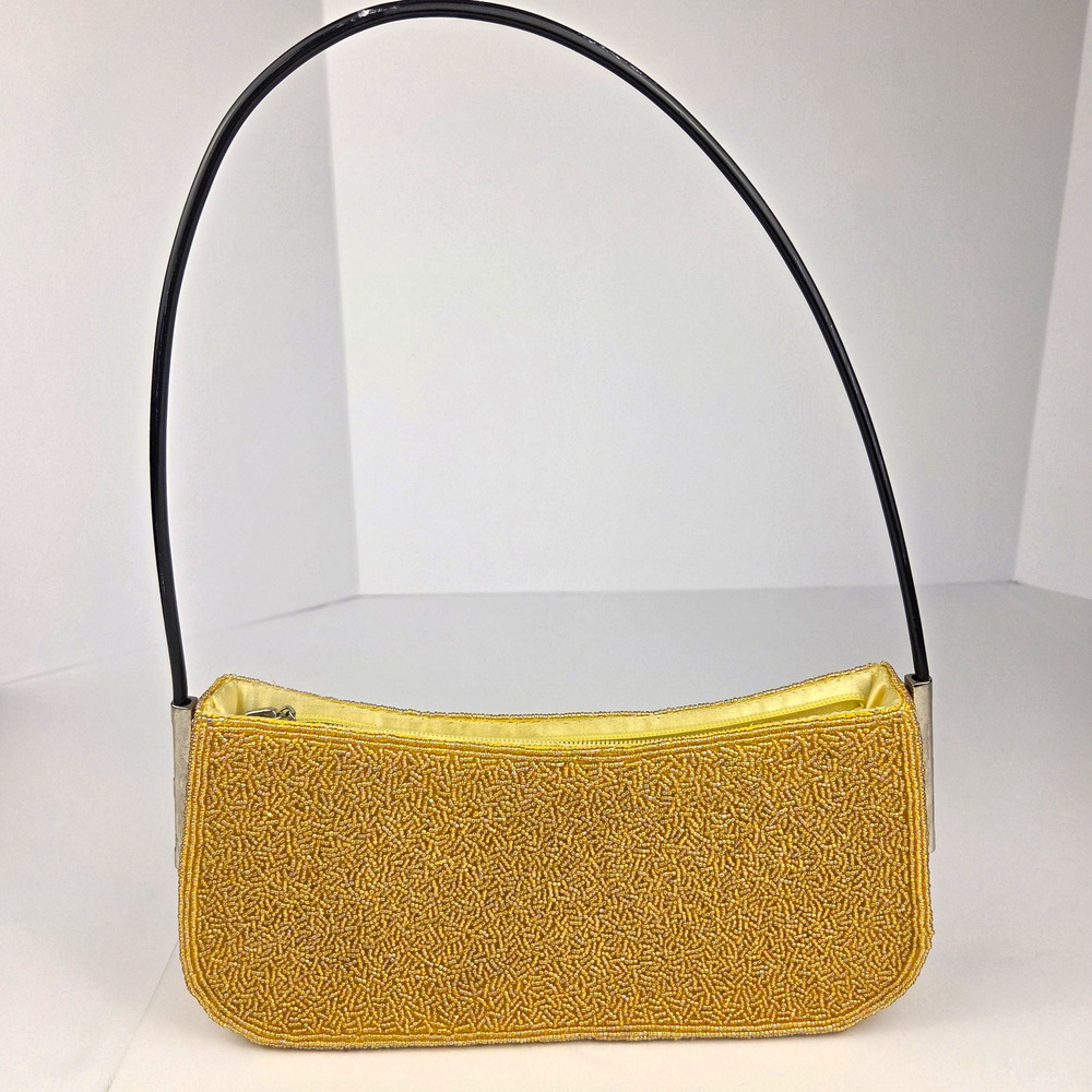 Vintage Yellow Glass Seed Beaded Baguette Shoulder Bag 1960s Mod Evening